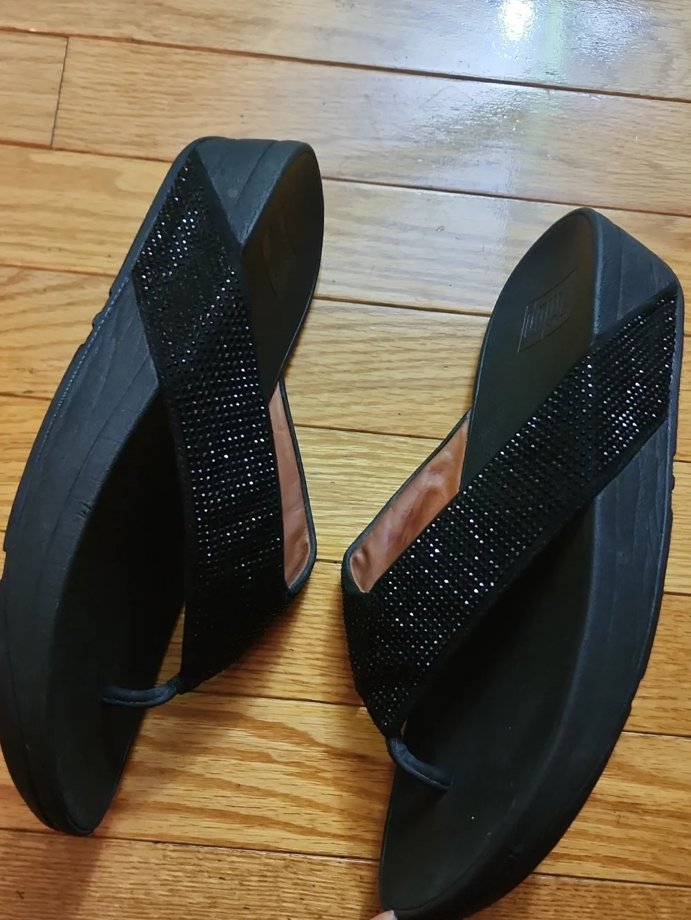 Fitflop Ritzy Women's Black Rhinestone  Thong Wedge Sandals